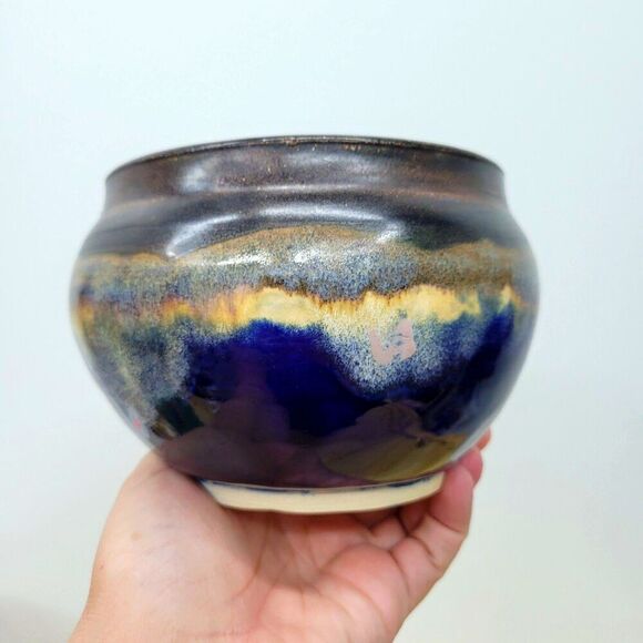 Signed Studio Pottery Bowl – Fan Mark – Drip Glaze in Indigo & Earth Tones – 6.5 - Picture 3 of 11